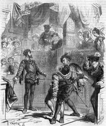 Duel with the sword of François de La Chataigneraie against Guy de Jarnac; Jarnac fatally injured his opponent by cutting his shank; in 1547, engraving of the 19th century