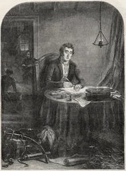 Duke of Wellington writing dispatch after Waterloo, June 19 1815 (engraving 1852)