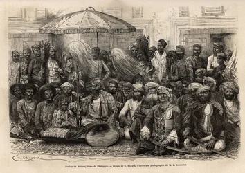 Durbar of Maharaja Rana, kingdom of Dholepore (Rajasthan). Engraving illustrating 