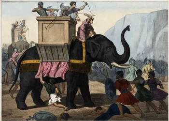 Eleazar Macchabee (Maccabee or Macabee) fights alongside the Jews against the oppression of Seleucides. Anonymous engraving from the middle of the 19th century