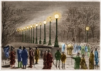 Electric lighting: floor lamps at Victoria Quay in London, Great Britain. Engraving in "La Nature"