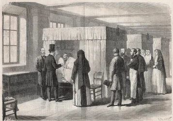 Emperor Napoleon III Visits the Rooms of the Hotel Dieu for Cholera Patients and Talks with Them - Engraving in 