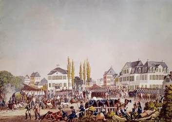 Emperor Napoleon I (1769-1821) reviews the troops in Frankfurt. Engraving from 1813. Frankfurt, Historical Museum