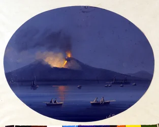 Nocturnal eruption of Etna seen from the sea off Catania. Anonymous painting from the 19th century