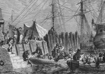 Evacuation of Flesringe by the English in 1802: embarkation of the sick - in “Histoire de France” by Henri Martin