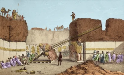 Excavations of Nineveh (Nineveh) - The ruins of Nimrud (Nimroud) by Henri Layard (after his trip to Mesopotamia in the 19th century); replacement of the great winged bull - The shipment of a winged bull from Nimrud, during the excavations of Sir Austen