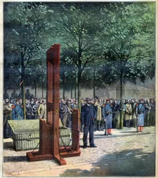 Execution with the guillotine of the murderers of Courbevoie, Doré and Berland, in front of La Roquette prison, Paris, 08/08/1891