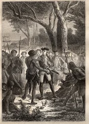 Expedition by Nicolas Thomas Marion-Dufresne (Marion Dufresne) (1729-1772): Marion debarked in Frederick Henry Bay (Tasmania) and was offered a brandon ignited by the indigenous people - illustration taken from 