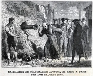 Experiment in acoustic telegraphy, made in Paris by Gauthey in 1782, engraving 19th century, Bianchetti collection