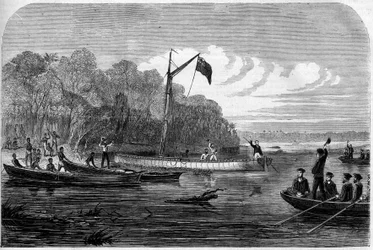 Exploration of journalist Henry Morton Stanley (1841-1904) in search of Dr. David Livingstone (1813-1873), a British doctor and explorer in Southern Africa. Engraving in 