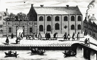 Exterior view of the building of the University of Leiden founded in 1575 by Guillaume de Nassau. Engraving after 