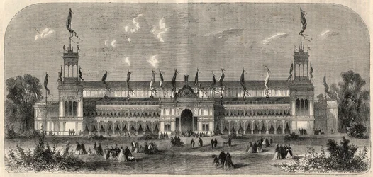 Exterior view of the palace of the third German national shot in Vienna, Austria. Engraving in 