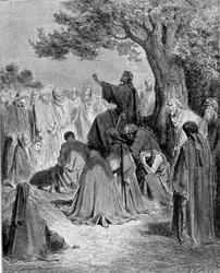 Extract from the Gospel of St. Matthew. Jesus Christ preaches before the crowd of his disciples. 19th century engraving.