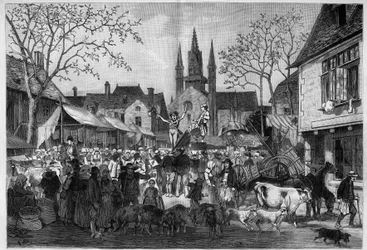 Fair in Brittany on the square of a village. Engraving in Le Monde Illustré