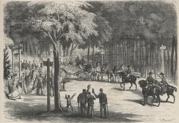 Family stay in Fontainebleau: excursion of their majesties to the ruins of Franchart. A wedding greets the passage of Emperor Napoleon III and his family. Engraving in 