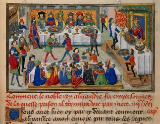 Feast Meal Scene, Served for King Alexander and His Courtiers in the Last Days of His Life. Miniature from 