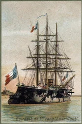 First-row battleship The Trident. Circa 1890. 19th century chromolithography
