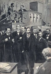 First sitting of the House of Deputes elected in 1898: Paul Deschanel (1855-1922), President of the Chamber of Deputes. Paul Adolphe Granier de Cassagnac (1842-1904), Lucien Millevoye (1850-1918), Paul Deroulede (1846-1914), Jacques Piou (1838-1932), Eugen