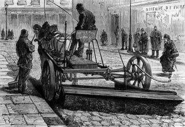 Former metier of Paris: the machine to sweep the streets of Paris. Engraving in 