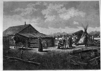 Franco-Canadian Metis Village in Canada. Engraving in 