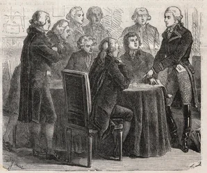 French Revolution: Count Louis Marie de Narbonne-Lara showing his plans in the committees of the assembly - Engraving In The Illustrous World