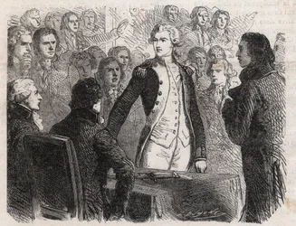 French Revolution: General Gilbert du Motier de La Fayette (1757-1834) resigning the command of the National Guard - engraving in "Le Monde Illustré"