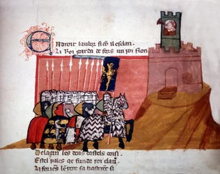French knights arriving in front of a castle. 13th century manuscript