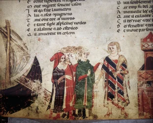 French merchant in Venice. Miniature from the "Roman de Troie" by Benoît de Sainte-Maure. 14th century, Biblioteca Marciana, Venice