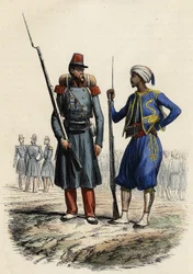 French military uniform: On the left, a foreign legion formed and sent to Algeria in 1831. On the right, indigenous riders, trained and sent to Algeria in 1841. In L