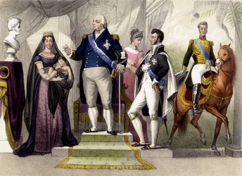 From 1814 to 1830. The Duke and Duchess of Berry, Louis XVIII, the Duke of Bordeaux, the Duchess of Angoulême and Charles X. Engraving of the 19th century