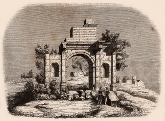 Front view of the Roman arch of Djemilah in Algeria: two French soldiers posing in front of the ruins