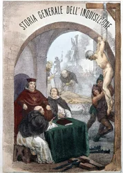 Frontispiece of The General History of the Inquisition by Pietro Tamburini with an illustration depicting scenes of symbolic inquisition. Milan 1850