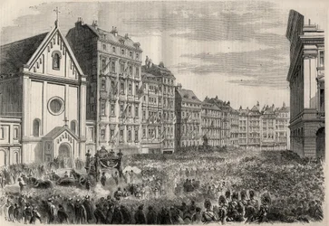 Funeral of Emperor Maximilian I of Mexico: arrival of the funeral cortege in front of the Capuchins Church of Vienna. Engraving in 