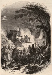 Funeral of a chief Germain in Antiquity: his body is burned with his weapons and his horse. Engraving from 1868 in 
