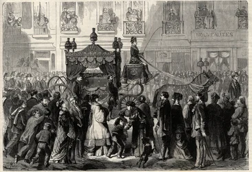 Funerary cortege during the obsequies of Gioachino Rossini in Paris. Engraving in 