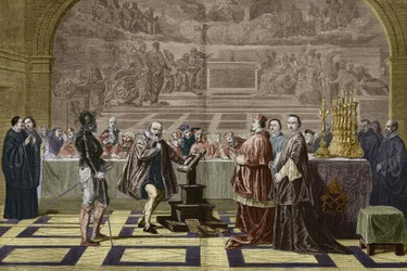 Galileo (Galileo Galilei) before the Inquisition of the Holy Office in the Vatican (1632). Engraving after the painting by Robert-Fleury Joseph Nicolas (1797-1890).