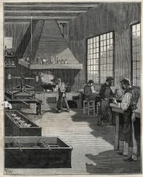 Galvanic goldsmith: preparation of molds. Engraving from 1885 in 