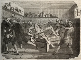 Galvanization of the corpse of a hangman with the pile of Alessandro Volta: under the influence of electricity, the corpse seems to come back to life. Engraving from 1856 in Le Musee Des Sciences