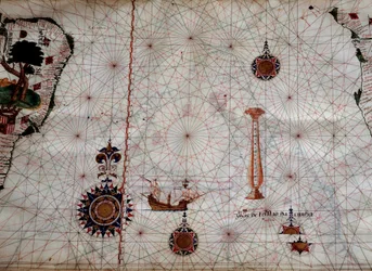 Geography: detail of a navigation map of Luis Lazare representing the islands of the Tristan da Cunha archipelago and the caravel of the explorer of the same name, off the coast of South Africa