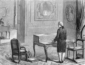 Georges Lesage, inventor of the first electronic telegraph in front of a prototype. 1774. Engraving 19th century.