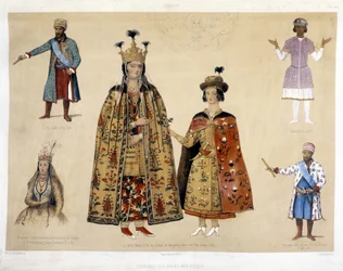 Georgian costume board in the 16th and 17th centuries: King Irakli, Gheorghi X, Princess Chartchevadze, Queen Mary