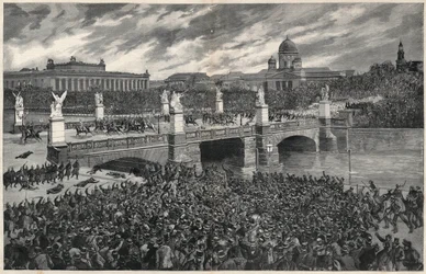 German workers, rioting in Berlin, are cleared away by the police to allow the passage of Kaiser Wilhelm