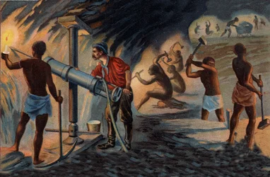 Gold Mining: Inside a Mine in Transvaal. Miner Using a Drill Bit Operating by Means of Compressed Air. Chromolithography of the Late 19th Century