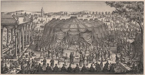 Grand Banquet given by Tamerlane (1336-1405) in the plain of Khani Gheul to celebrate the marriage of his grandchildren. Engraving 19th century.