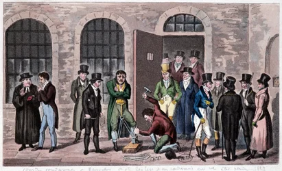 Great Britain Prison: A death sentence is attached to Newgate prison in London (often referred to in Charles Dickens novels). Engraving around 1823. Bibliotheque of Decorative Arts