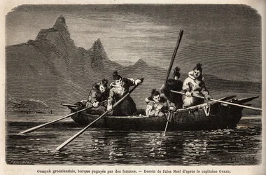 Greenland Umyak, type of boat operated by women. Engraving to illustrate the voyage to the free sea of the Arctic pole, by Doctor Hayes, surgeon of the United States Navy, in 1860-1862, published in Le tour du monde, nouveau journal des voyages, edited by