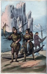 Greenland men and women returning from fishing - engraving from 