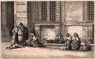 Group of Neapolitan peasants sitting in front of the palace Farnese in Rome, Italy