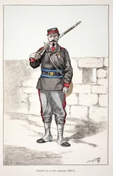 Guardians of the Peace mobilizes. Eau forte en couleurs, for illustration History of the corps des gardiens de la paix book published under the auspices of Louis Lepine, by Alfred Rey and Louis.
