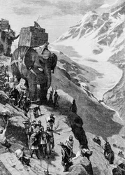 Hannibal Crossing the Alps with Elephants to Arrive in Italy (II Punic War). Engraving of the 19th Century